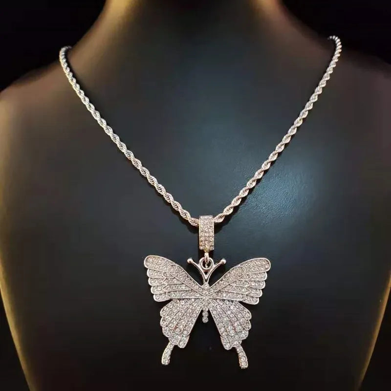 Men Women Hip Hop Iced Out Bling butterfly Pendant Necklace with 13mm Miami Cuban Chain HipHop Necklaces Fashion Charm Jewelry - Hiron Store