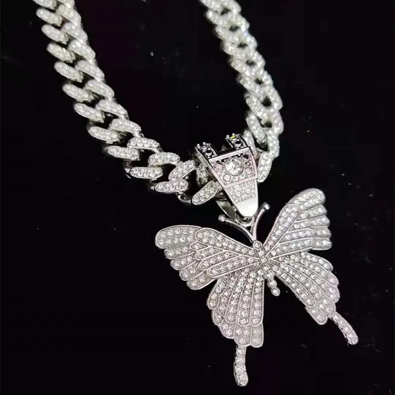 Men Women Hip Hop Iced Out Bling butterfly Pendant Necklace with 13mm Miami Cuban Chain HipHop Necklaces Fashion Charm Jewelry - Hiron Store