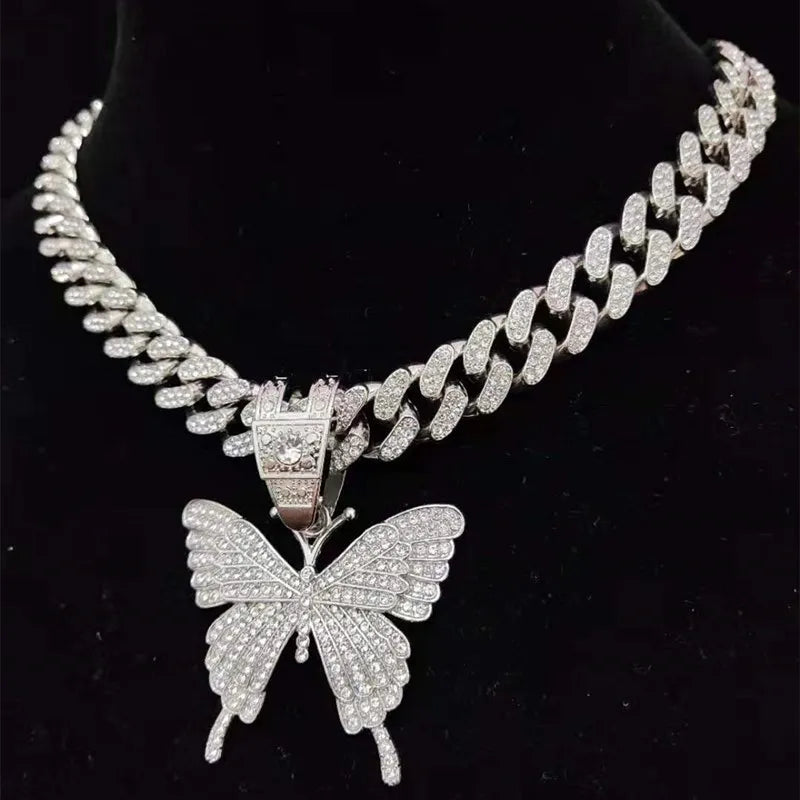 Men Women Hip Hop Iced Out Bling butterfly Pendant Necklace with 13mm Miami Cuban Chain HipHop Necklaces Fashion Charm Jewelry - Hiron Store