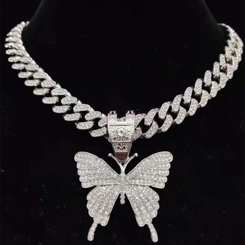 Men Women Hip Hop Iced Out Bling butterfly Pendant Necklace with 13mm Miami Cuban Chain HipHop Necklaces Fashion Charm Jewelry - Hiron Store