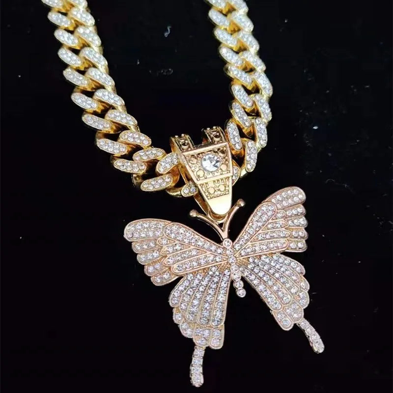 Men Women Hip Hop Iced Out Bling butterfly Pendant Necklace with 13mm Miami Cuban Chain HipHop Necklaces Fashion Charm Jewelry - Hiron Store