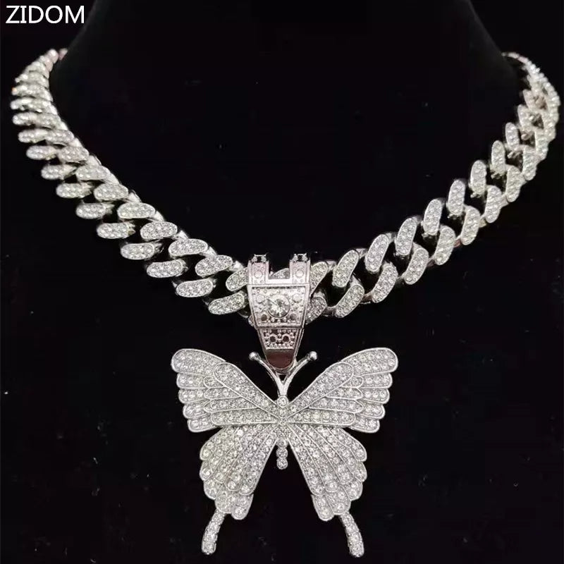 Men Women Hip Hop Iced Out Bling butterfly Pendant Necklace with 13mm Miami Cuban Chain HipHop Necklaces Fashion Charm Jewelry - Hiron Store