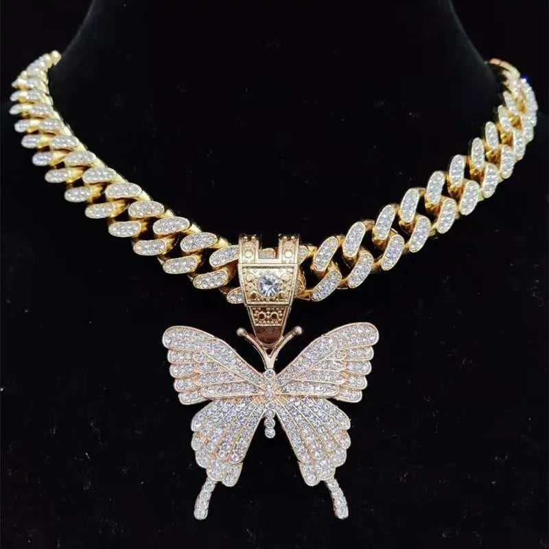 Men Women Hip Hop Iced Out Bling butterfly Pendant Necklace with 13mm Miami Cuban Chain HipHop Necklaces Fashion Charm Jewelry - Hiron Store