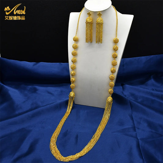 NEW Dubai Luxury Long Necklace&Earrings Sets for Bridal Indian 24k Gold Plated Choker Jewelry With Tassel Earrings Banquet Gifts - Hiron Store