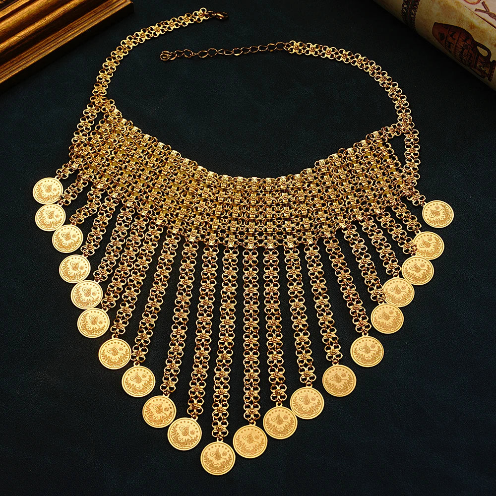 New Tassels Gold Plated Coin Necklace for Women Turkish Bridal Chains Necklaces Ethinc Wedding Jewelry Bride Gifts - Hiron Store