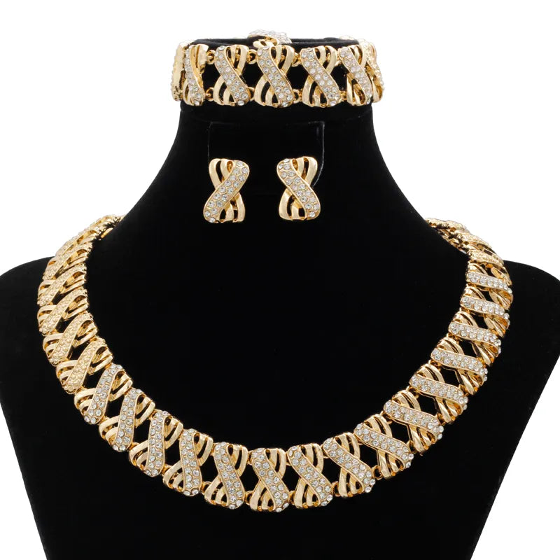 Nigerian Wedding Jewelry Set Gold Plated Dubai African Chokers Necklace Earrings Rings Fashion Bridal Jewellery Sets For Women - Hiron Store