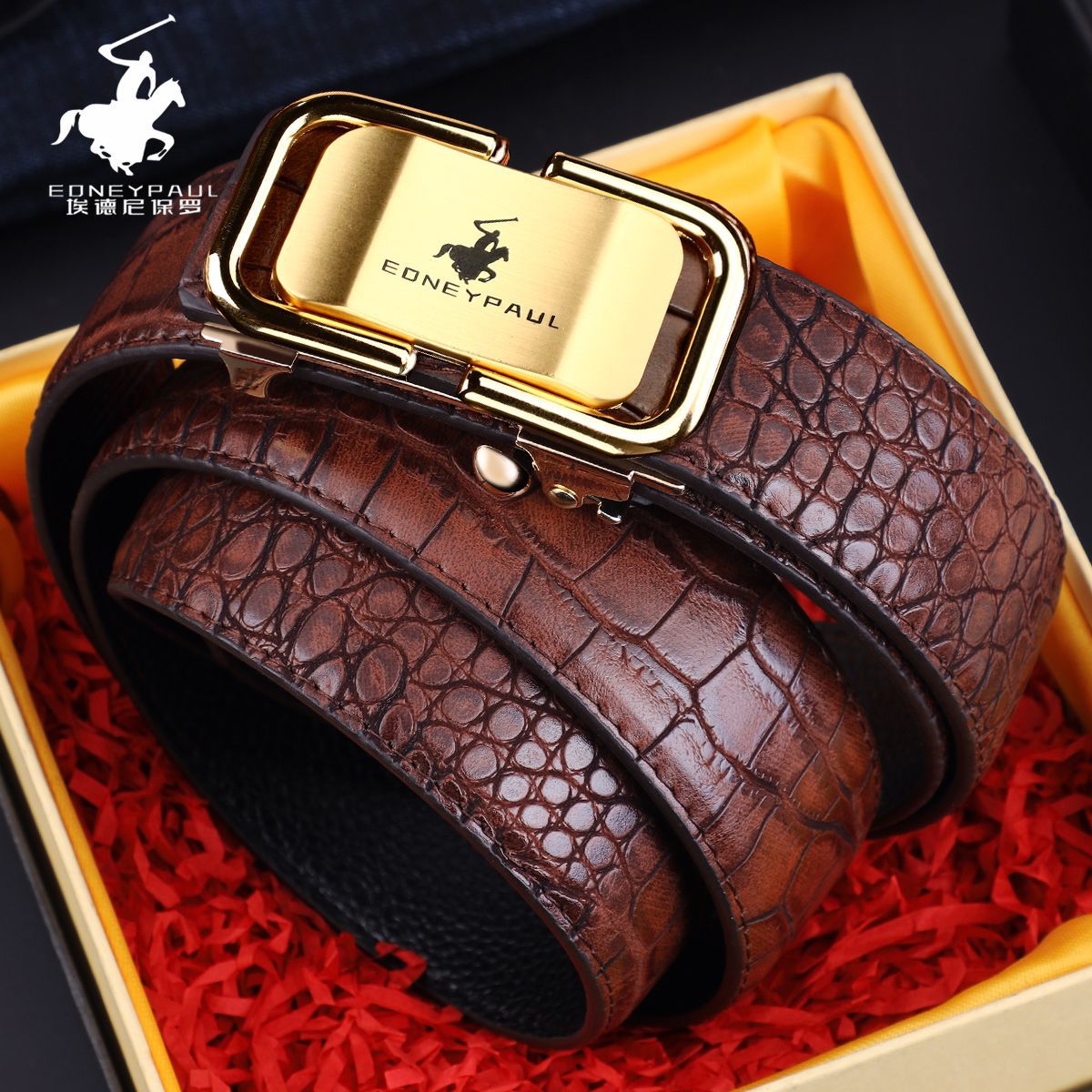 Men's Belt Genuine Leather Crocodile Pattern Inner Wear Automatic Buckle Fashionable Business Trendy Belt