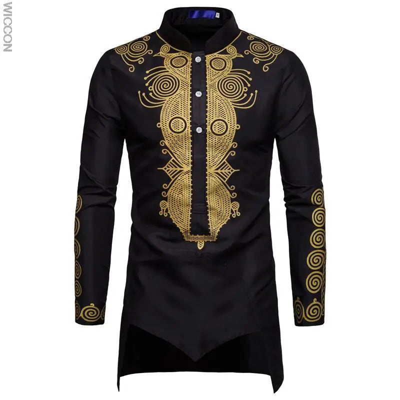 Ramadan  Men's Long Sleeve Shirts Fashion Muslim Straight Mid Length Printed T-Shirts Slim African Clothing Men's Tops - Hiron Store