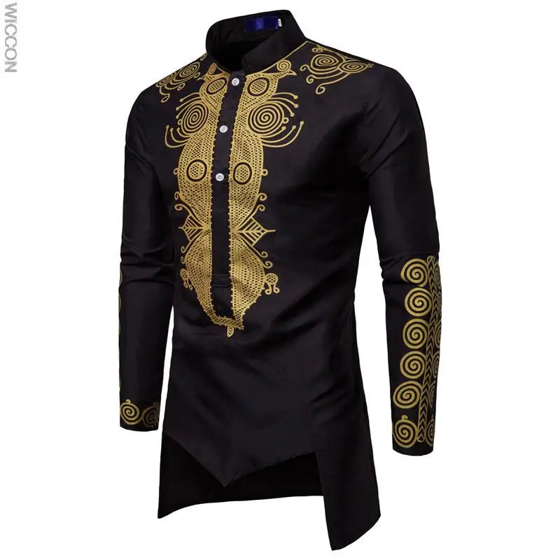 Ramadan  Men's Long Sleeve Shirts Fashion Muslim Straight Mid Length Printed T-Shirts Slim African Clothing Men's Tops - Hiron Store