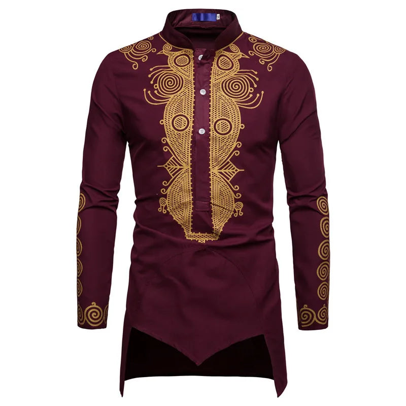 Ramadan  Men's Long Sleeve Shirts Fashion Muslim Straight Mid Length Printed T-Shirts Slim African Clothing Men's Tops - Hiron Store