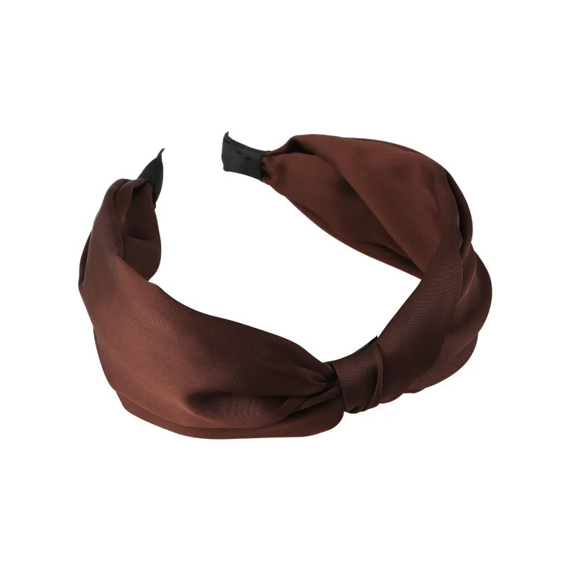 Retro Coffee Color Satin Knotted Wide Headbands Woman Temperament Elegant Hairband Hair Hoop Hair Fashion Accessories