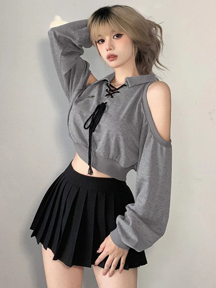 Women Sweatshirt Streetwear Off Shoulder Gothic Tops Long Sleeve Harajuku Grey Pullovers