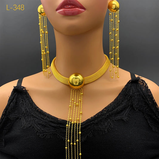 African 24k Gold Color Tassel Long Necklace Set For Women