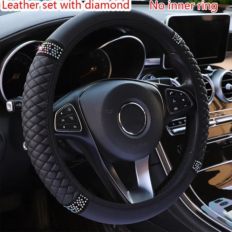 Car Steering Wheel Cover Without Inner Ring 37-38cm Three-dimensional Leather Embroidered Color Diamond-encrusted Breathable - Hiron Store