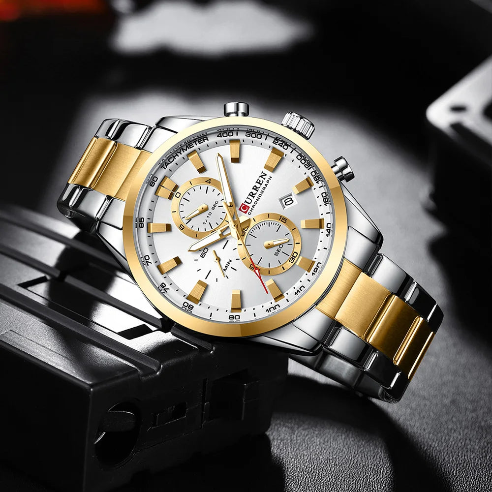 Stainless Steel Band Wristwatches for Men Chronograph Quartz Watches