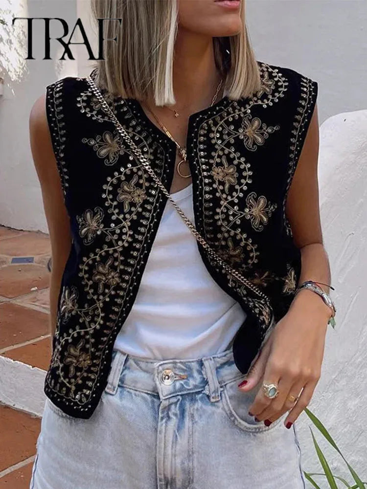 Embroidered Vest Sleeveless Jacket Women V Neck Chic Waistcoats Female Fashion Vests Coat