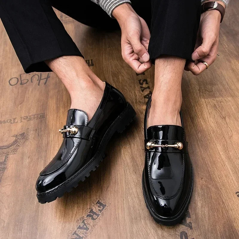 Shiny Leather Shoes for Men Platform Dress Luxury Slip on Loafers