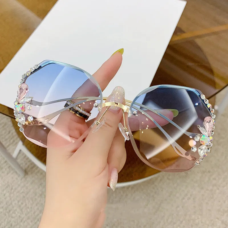 Luxury Fashion Oversized Rimless Sunglasses Women Fashion Brand Designer Big Frame Diamond Square Sun Glasses For Female - Hiron Store