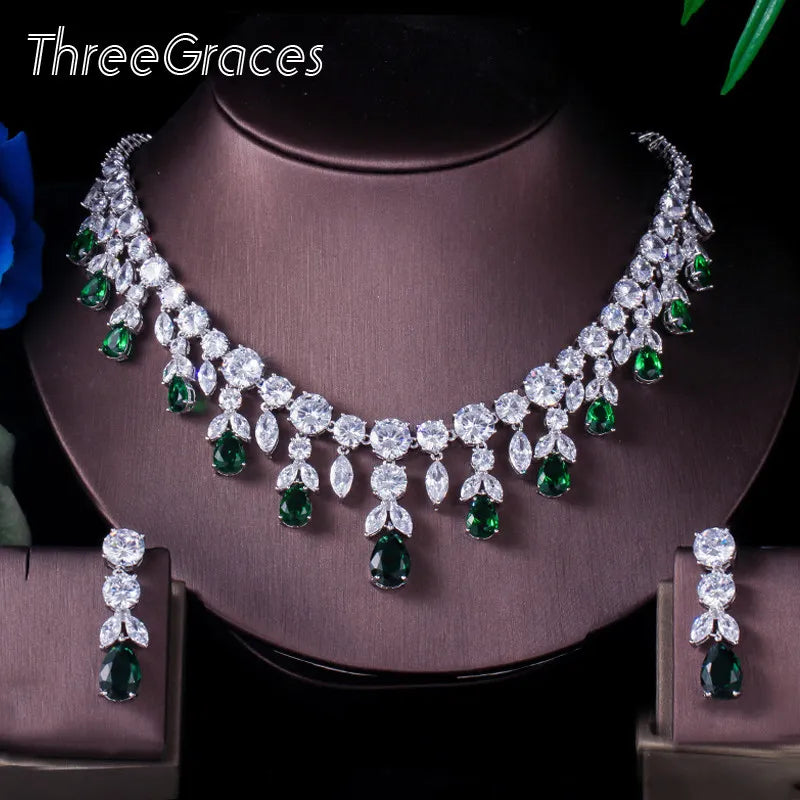 ThreeGraces Luxury Green CZ Stone Earrings Necklace Set Brilliant Big Long Drop Wedding Bridal Dress Jewelry Set for Women JS256 - Hiron Store