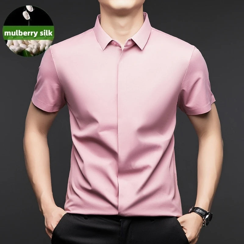 High end Mulberry Silk Dress Shirts, Business  Men Wrinkle Resistant, Button Invisible Elastic Tops, Luxurious Male  Clothing
