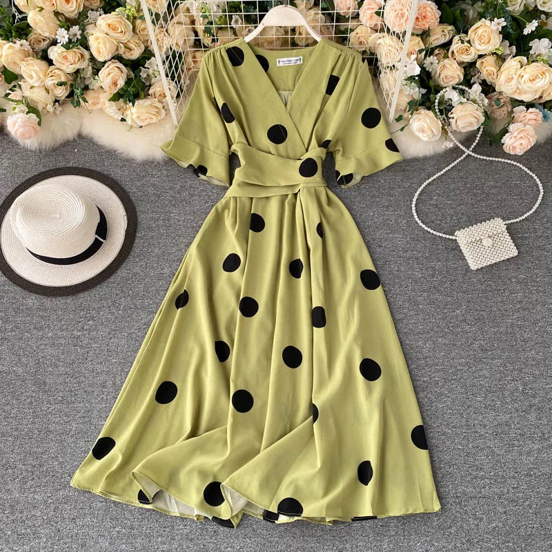 YuooMuoo Chic Fashion Polka Dot Print Women Dress 2024 New Summer Elegant Vintage Bandage Slim Waist Big Swing Long Party Dress - Hiron Store