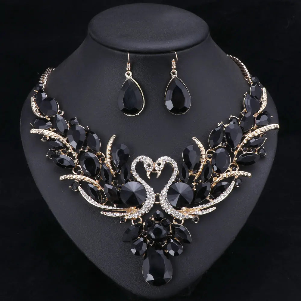 Black Crystal Bridal Jewelry Sets Gold Color Swan Pendant Necklace Earring set