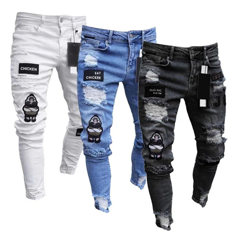 White Embroidery Jeans Men Cotton Stretchy Ripped Skinny Jeans Pants