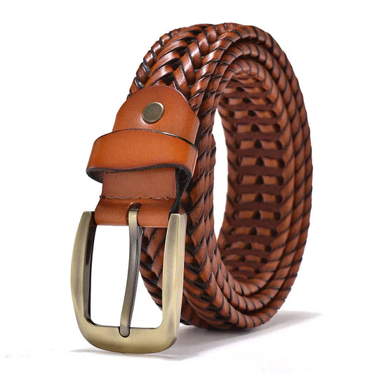 Men Genuine Leather Braided Belts Webbing High Quality Braided Vintage Belt for Men Gold Pin Buckle Casual for Jeans Strap - Hiron Store