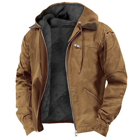 2026 men's European solid-color hooded   fleece jacket casual cotton zipper coat With pocket