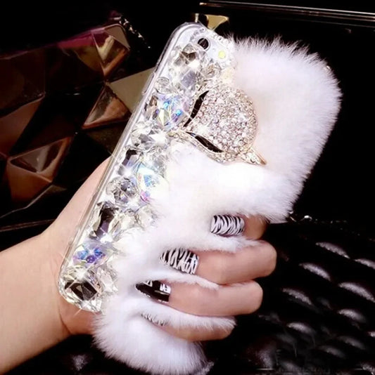 Warm Fluffy Rabbit Fur Bling Diamonds Soft Phone Case Cover For Samsung S24 S10 S20 S21 S22 Ultra S23 PLUS Note8 9 10 20 Capa