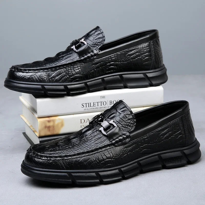 Genuine Leather Casual Loafers for Men Fashion New Designer Crocodile Print Spring Autumn Shoes