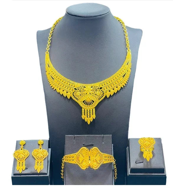 Fashion India Latest Design Jewelry Luxury African Jewelry Necklace Earrings Ring Bracelet Set Dubai Gold Color