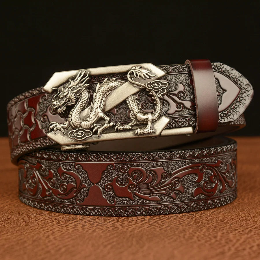 Genuine Leather Belt Luxury Gold Dragon Metal Automatic Buckle Cowhide Belts for Men Jeans Waistband Male Strap