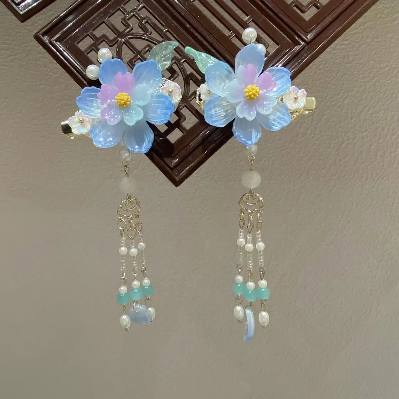 Blue Flower Hairpins Side Clips Retro Chinese Fashion Fringe Jewelry Long Tassel Pendant Headpiece for Women Girls Hanfu Dress - Hiron Store