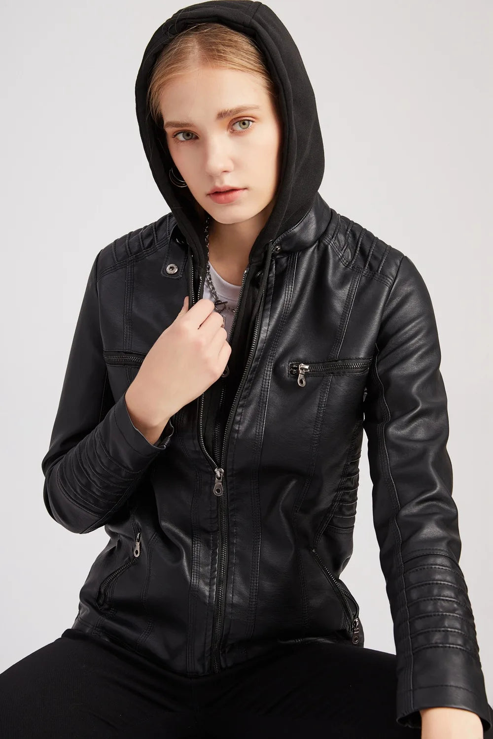 Plus Size Women Hooded Leather Jacket Removable Leather Jackets