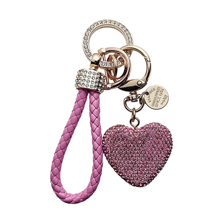 Clay full diamond love key chain studded leather rope cross-border heart-shaped car key chain