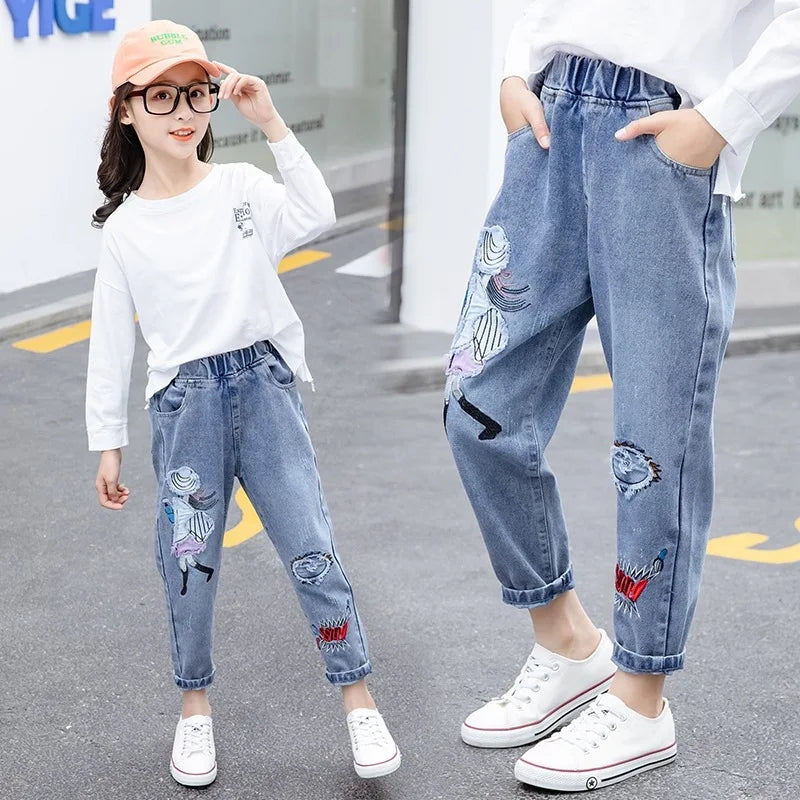 Girls  Jeans spring autumn Korean Wild Loose cartoon print Elastic Waist Straight Thin Wide-leg