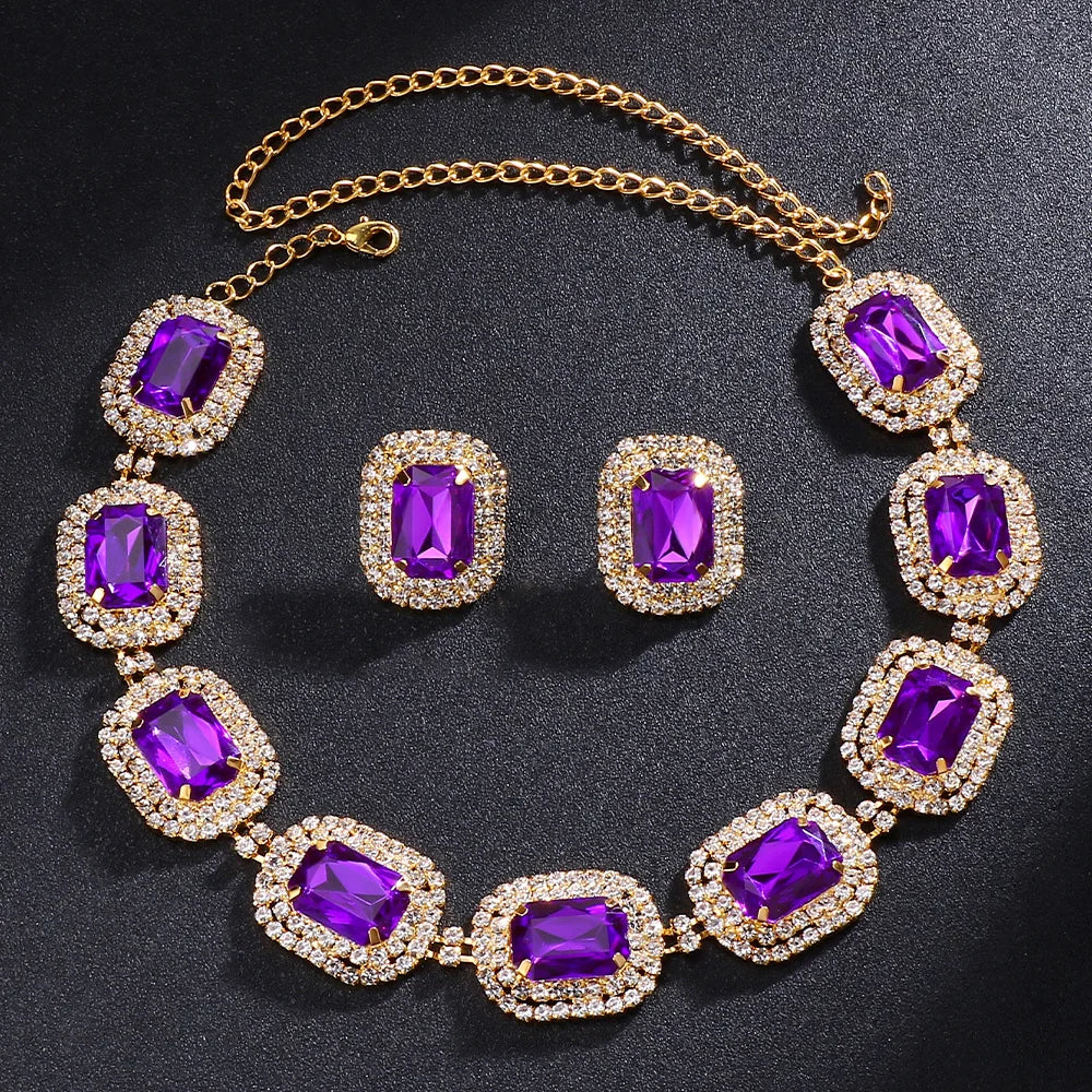 Stonefans Rhinestone Purple Necklace Earrings Set