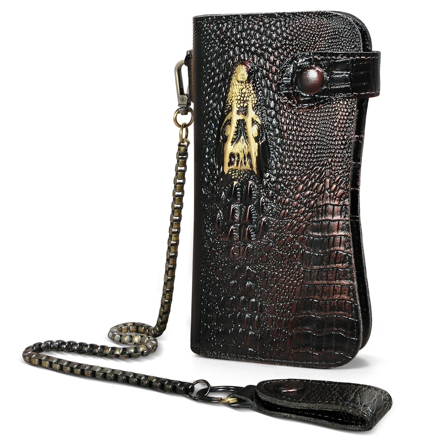 Luxury Male Cattle Real Leather Design Dragon Emboss Check book Iron Chain Organizer Wallet Purse