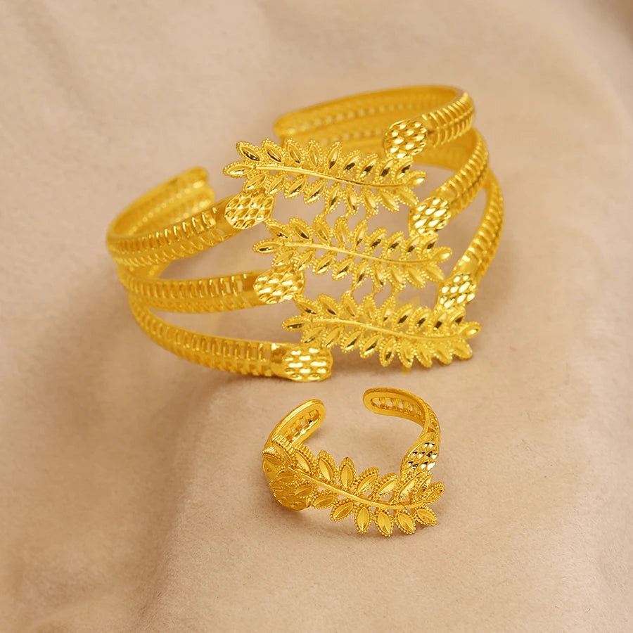 Middle East Cross border Dubai 24K Gold Plated Jewelry Set with Leaf Gold Leaf Bracelet Ring