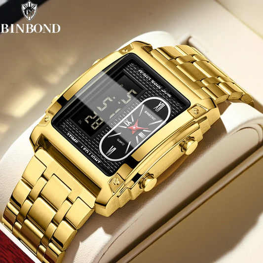 BINBOND Brand Luxury Watches for Men Fashion Quartz Wristwatch Square Gold Stainless Steel Watche