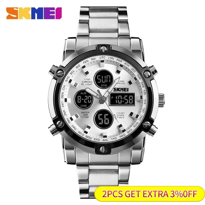 SKMEI 1389 Steel Strap Wristwatch Clock Relogio Masculino Digital Quartz Watches