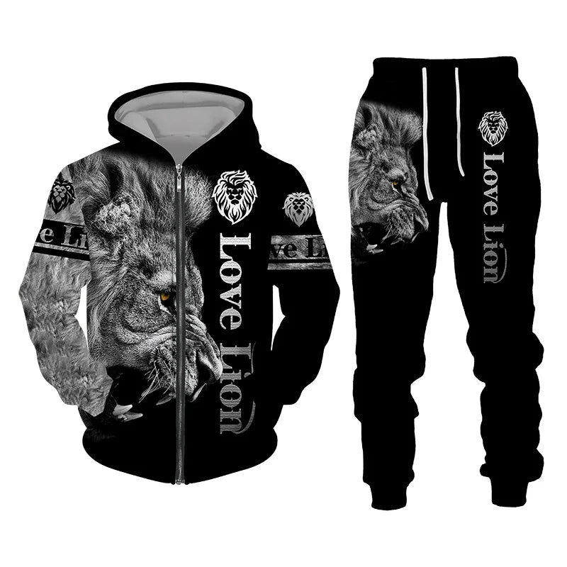 Autumn and Winter Men's Tracksuit 3D The Lion Print Zipper Hoodies Sweatshirts Pants Sets Casual Mens Clothing Women's Tracksuit - Hiron Store