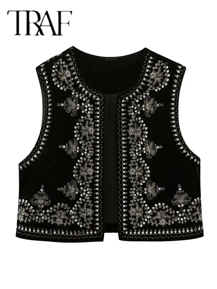 Embroidered Vest Sleeveless Jacket Women V Neck Chic Waistcoats Female Fashion Vests Coat