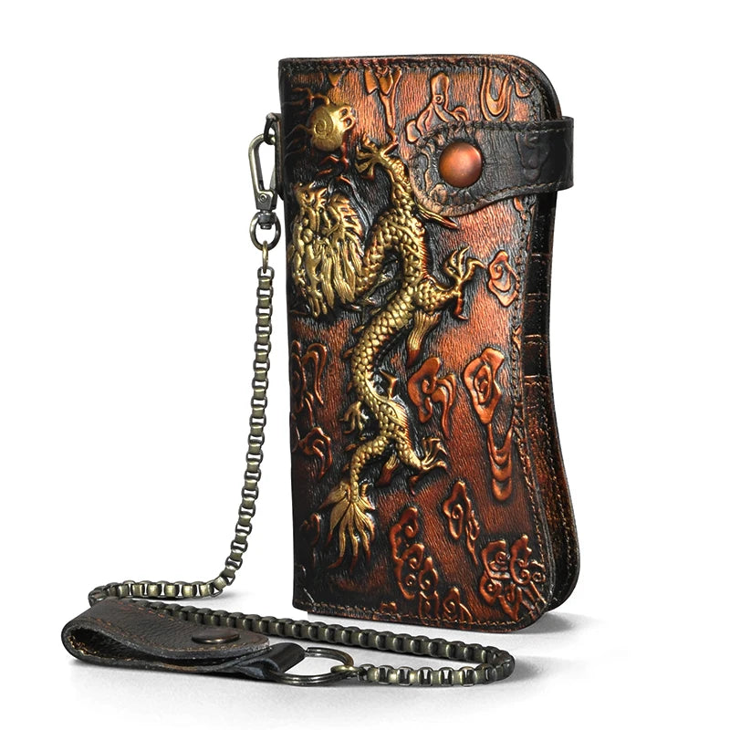 Luxury Male Cattle Real Leather Design Dragon Emboss Check book Iron Chain Organizer Wallet Purse