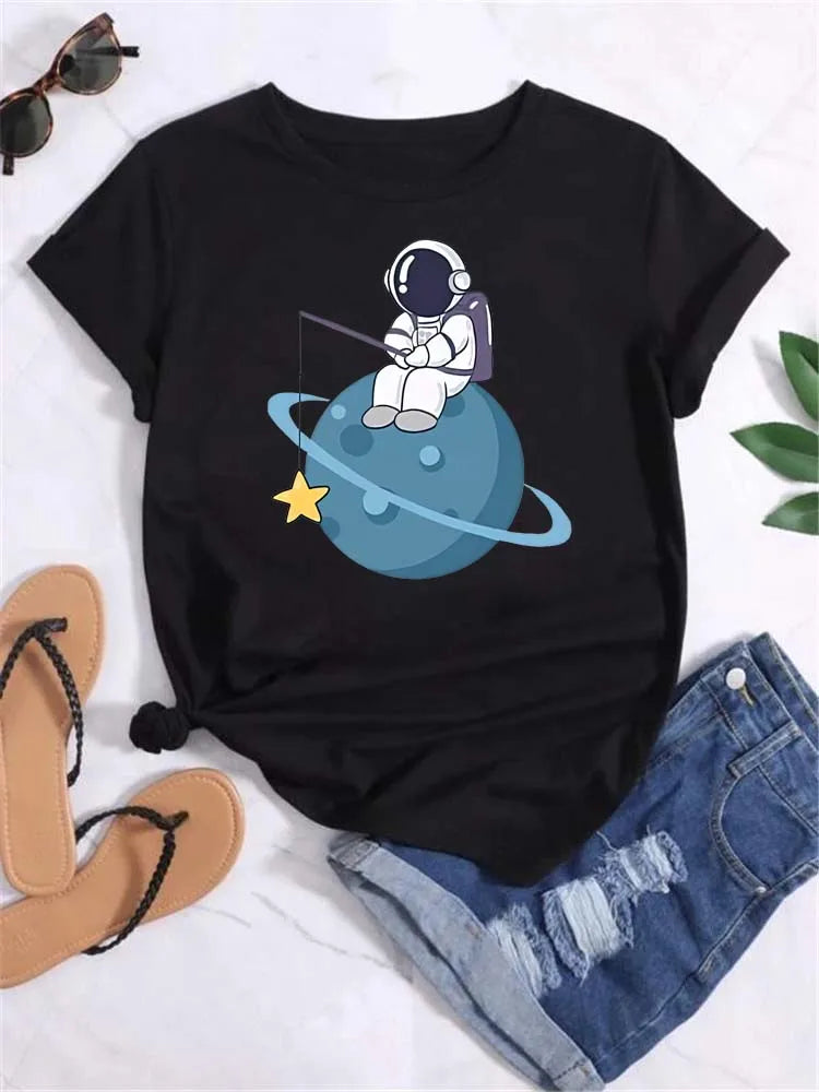 Women Moon Planet Print Round Neck Short Sleeve Streetwear Female T-Shirt  Tops