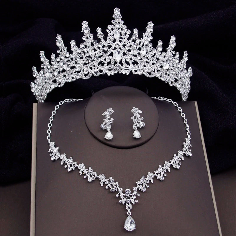 Luxury Silver Color Crystal Water Drop Bridal Jewelry Sets Rhinestone Tiaras Crown   Earrings