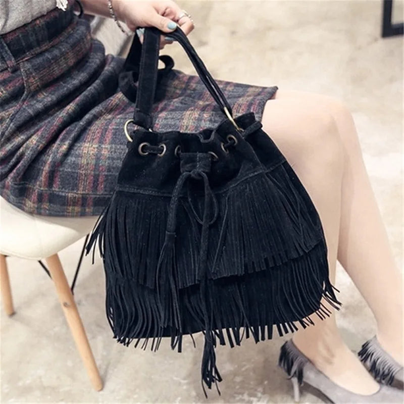 2024 Faux Suede Fringe Women Messenger Bags Tote Luxury Fashion Ladies Handbag Tassel Shoulder Vintage Crossbody Female Handbag - Hiron Store