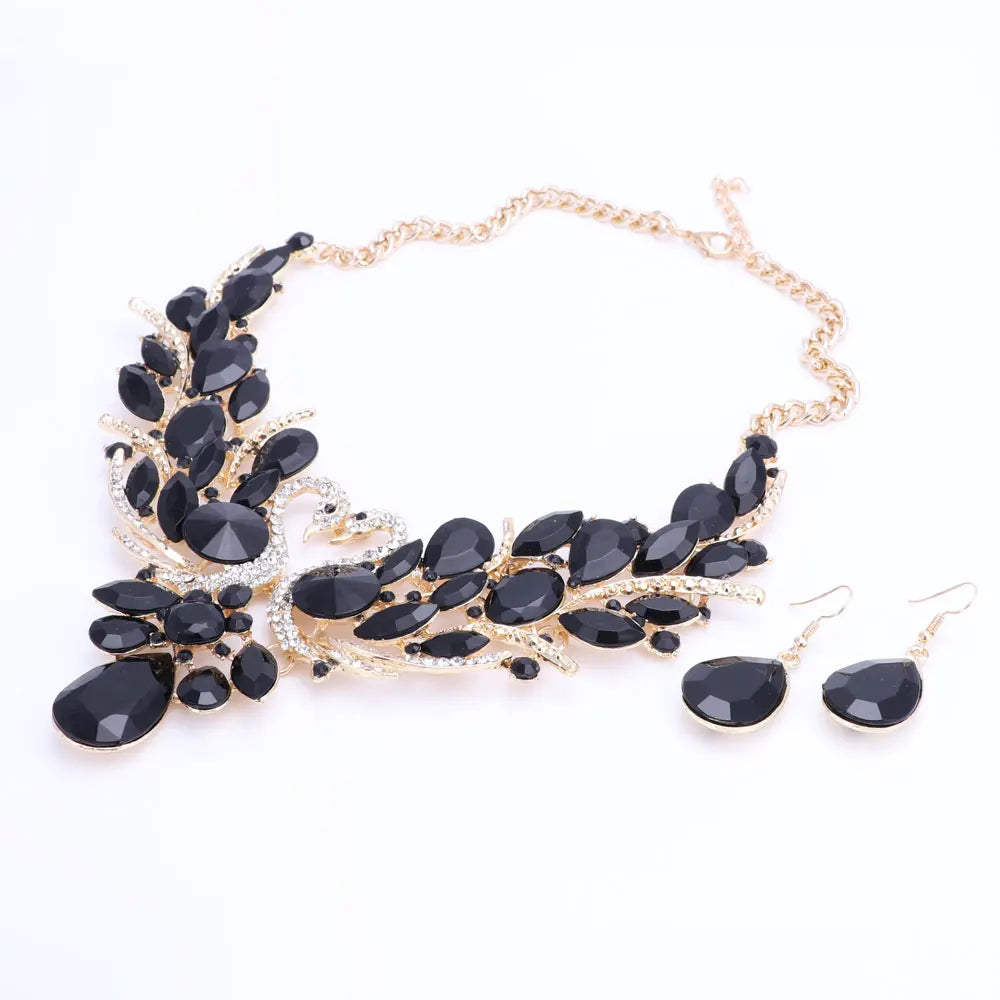 Black Crystal Bridal Jewelry Sets Gold Color Swan Pendant Necklace Earring set