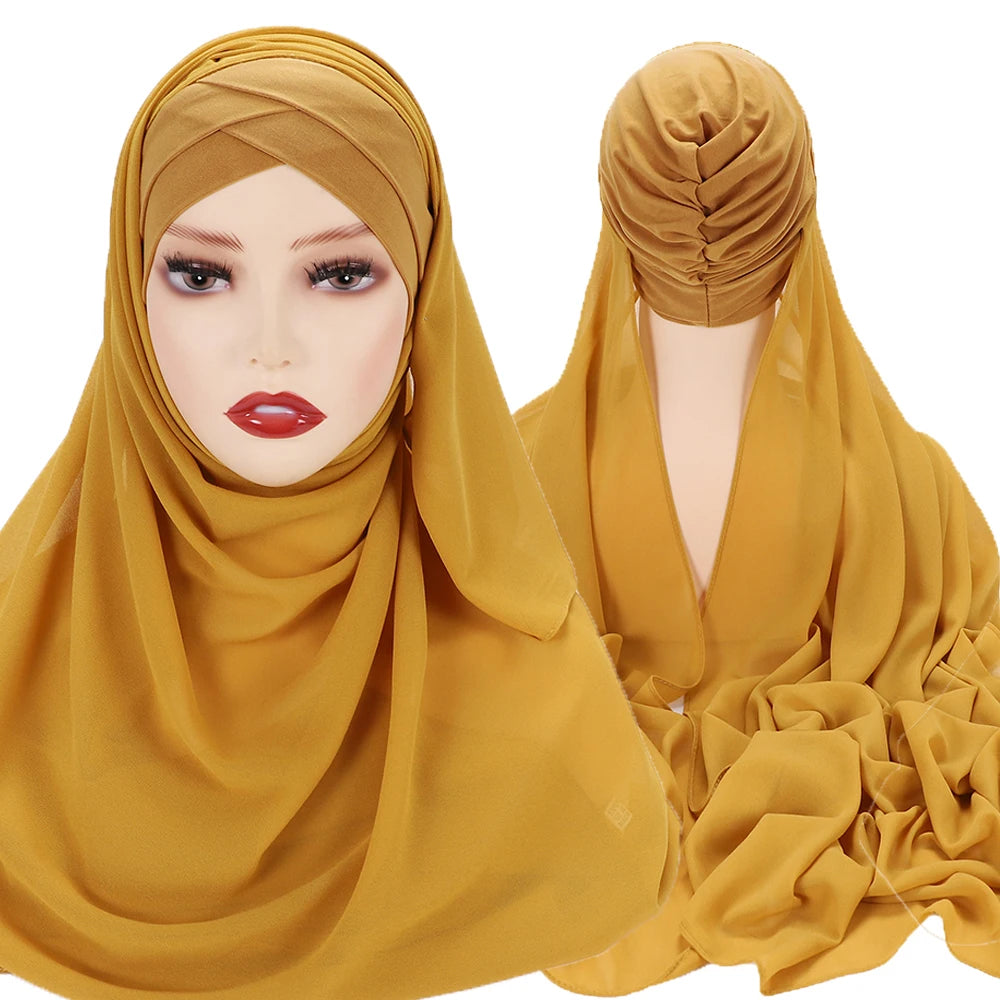 Instant Hijabs Chiffon Hijab Scarf With Cross Bonnet Brand Design Women Islamic Underscarf